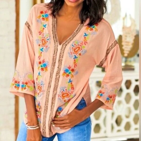 Soft Surroundings Palm Island Embroidered Tunic Top Small Peach Boho Artsy - Picture 2 of 12